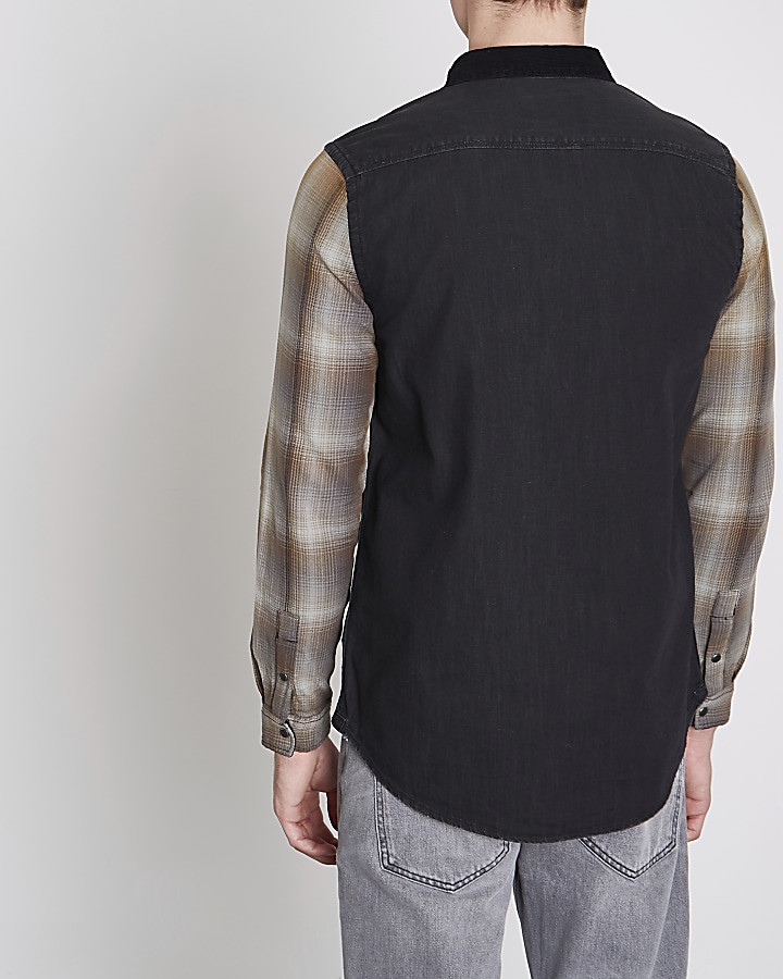 Black long check sleeve denim hybrid shirt