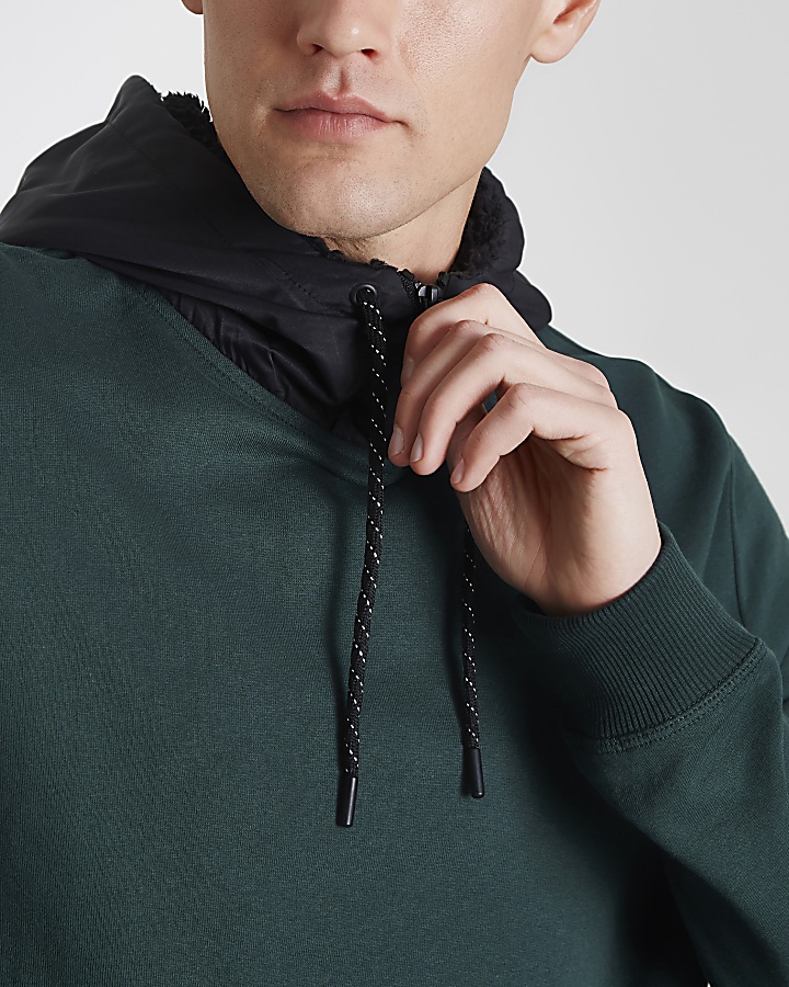 Dark green contrast drawstring hoodie