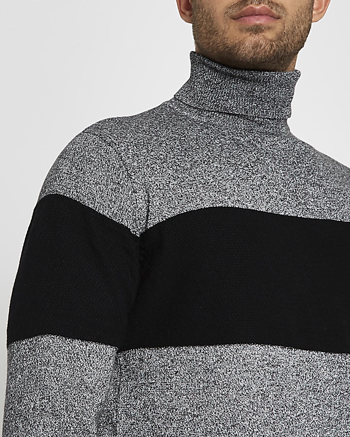 Grey block stripe roll neck knit jumper