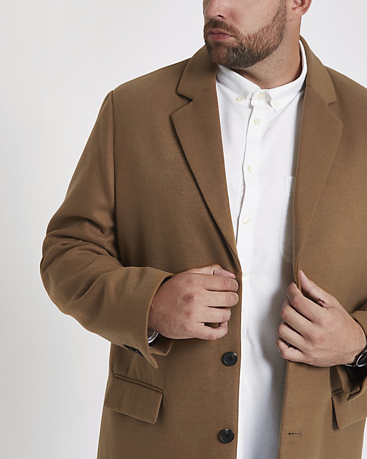Big and Tall camel button-down overcoat