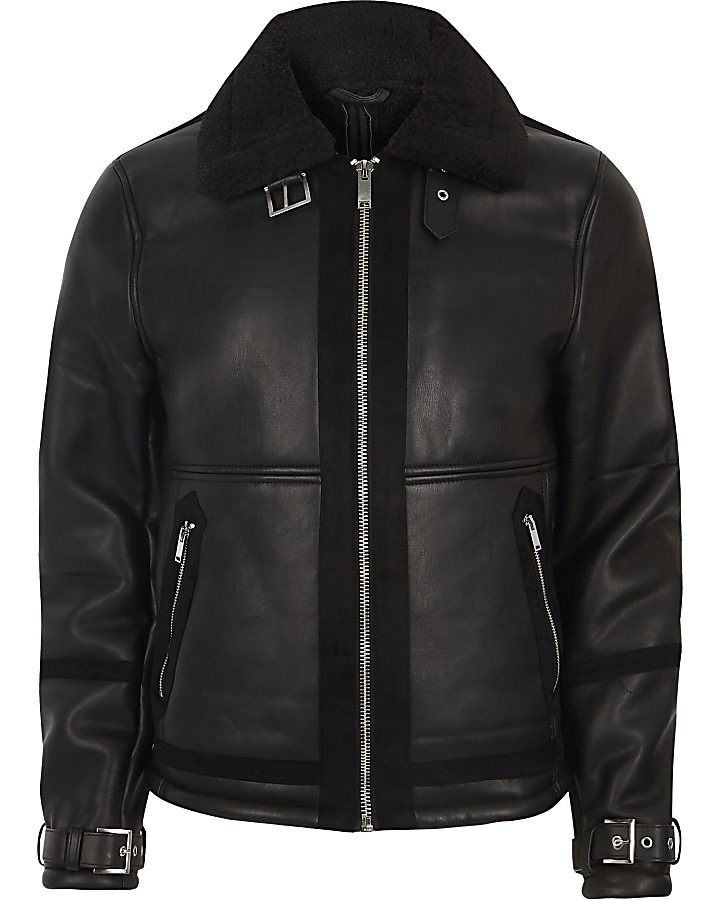 Black faux shearling aviator jacket