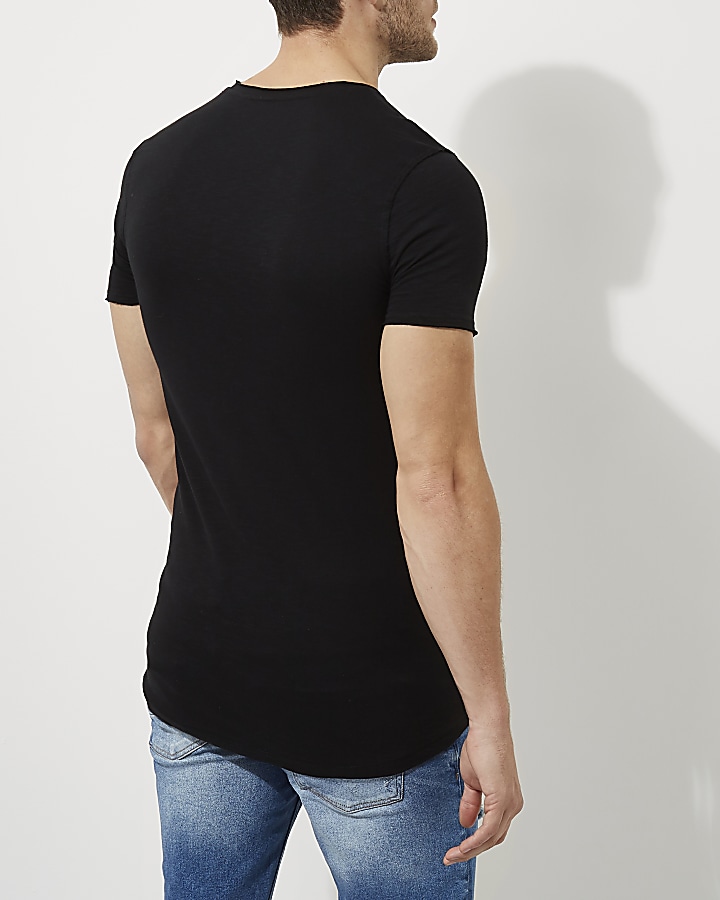 Black slub chest print muscle fit T-shirt