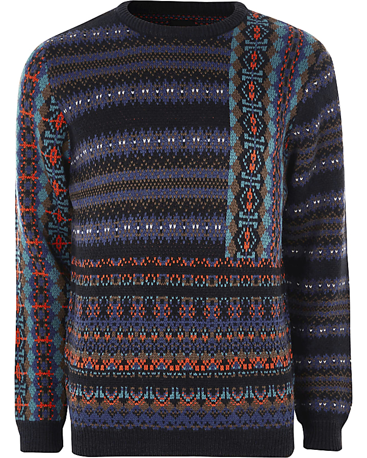 Navy mixed Fairisle knit Christmas jumper