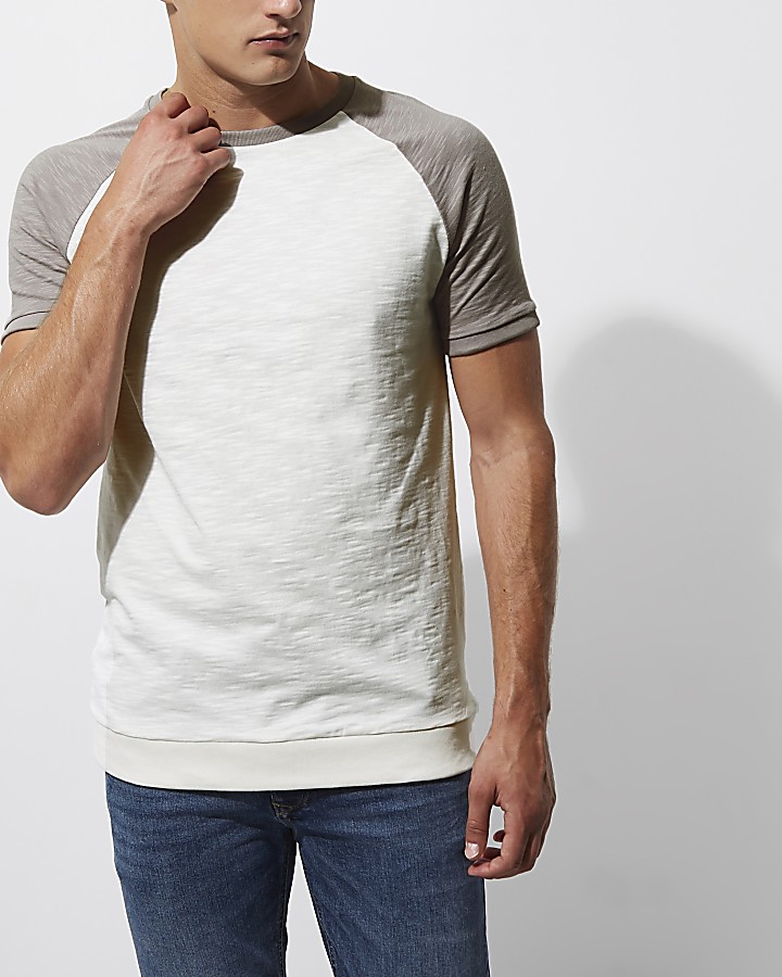 Cream short raglan sleeve slim fit T-shirt