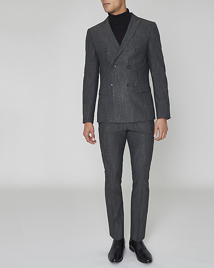 Grey double breasted skinny suit jacket