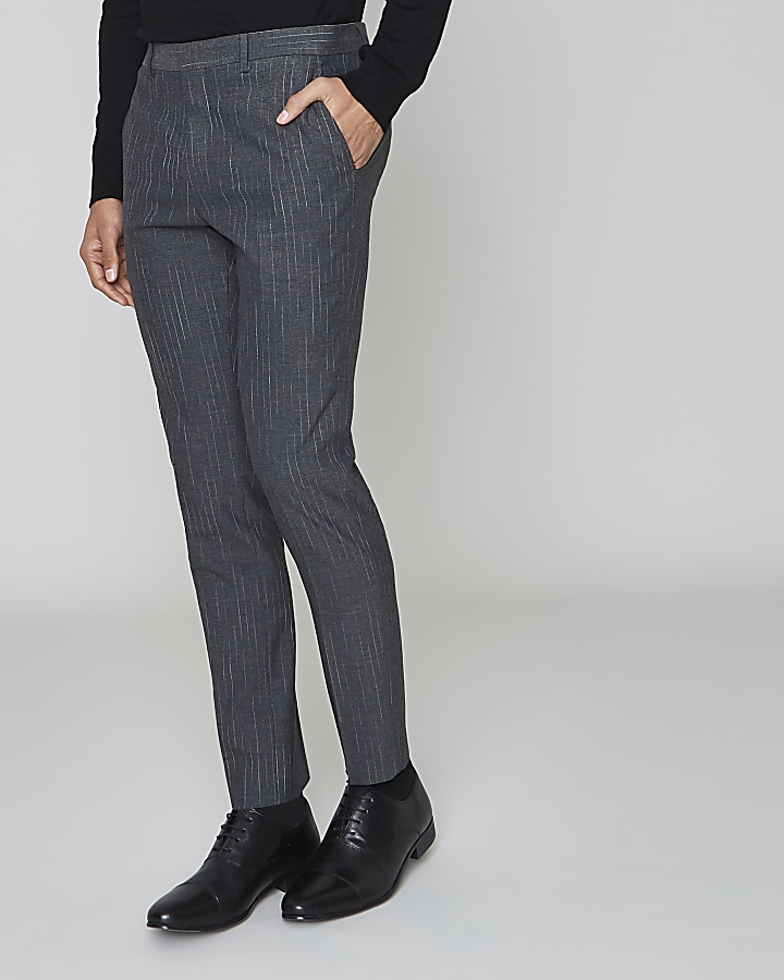 Grey stripe skinny suit trousers