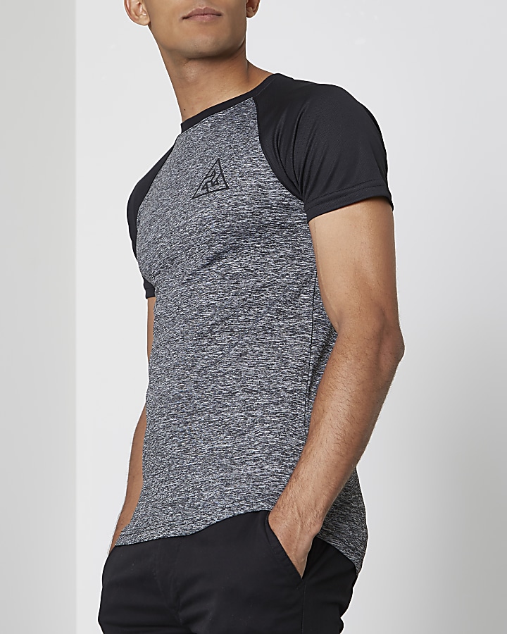 Grey raglan sleeve muscle fit knit T-shirt