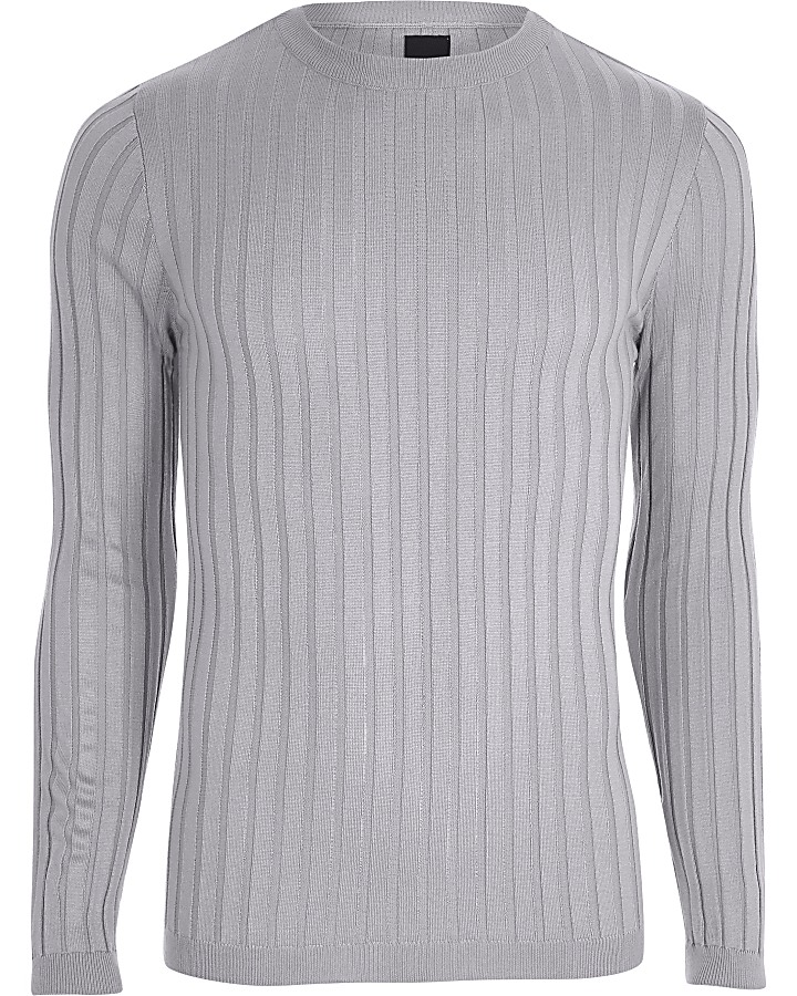 Light grey rib knit muscle fit jumper