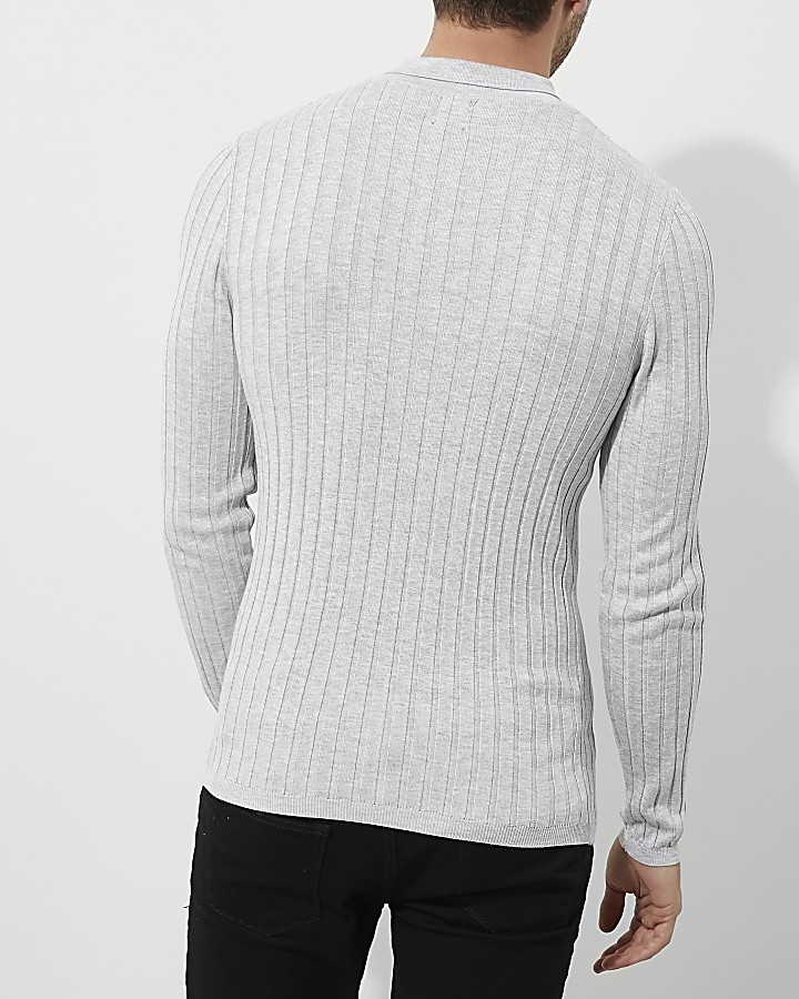 Grey ribbed cable knit long sleeve polo shirt