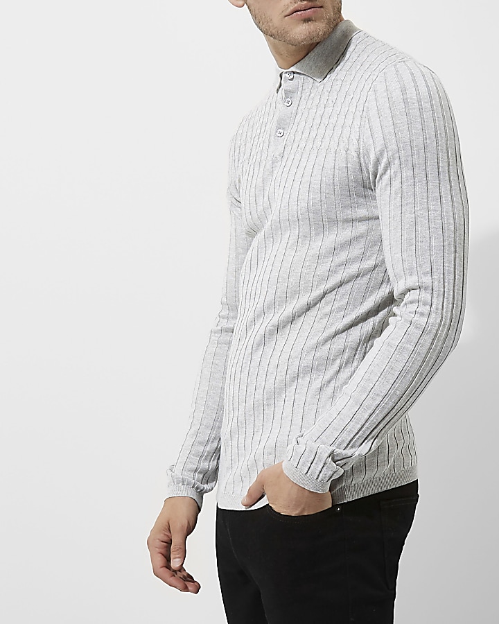 Grey ribbed cable knit long sleeve polo shirt