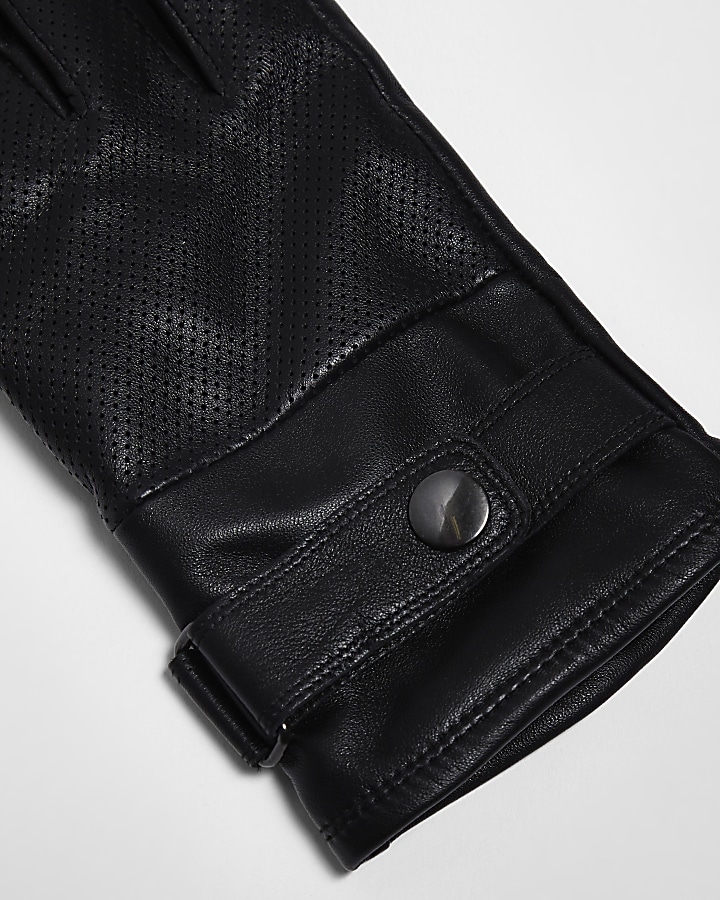 Black leather perforated gloves