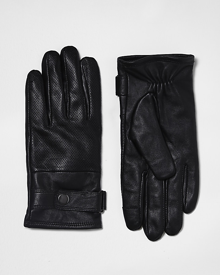 Black leather perforated gloves