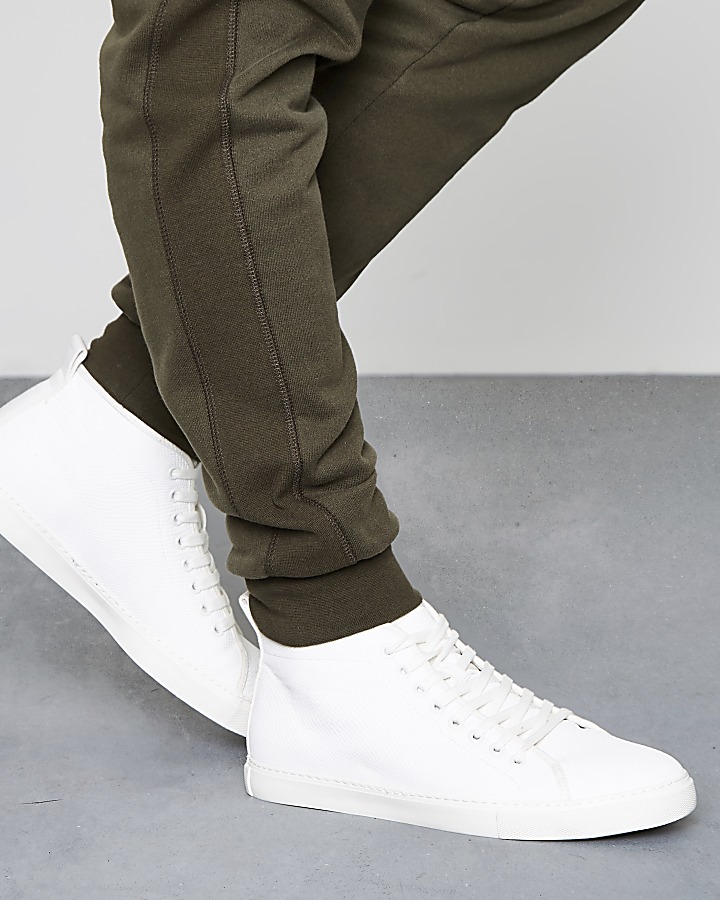 White textured lace-up hi top trainers
