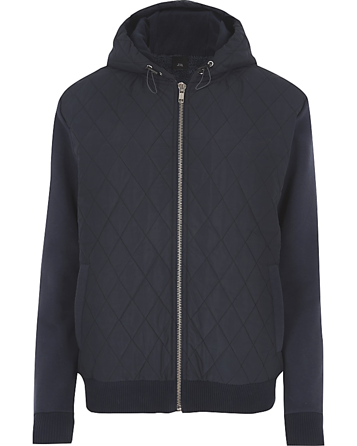 Navy quilted puffer jersey sleeve hoodie