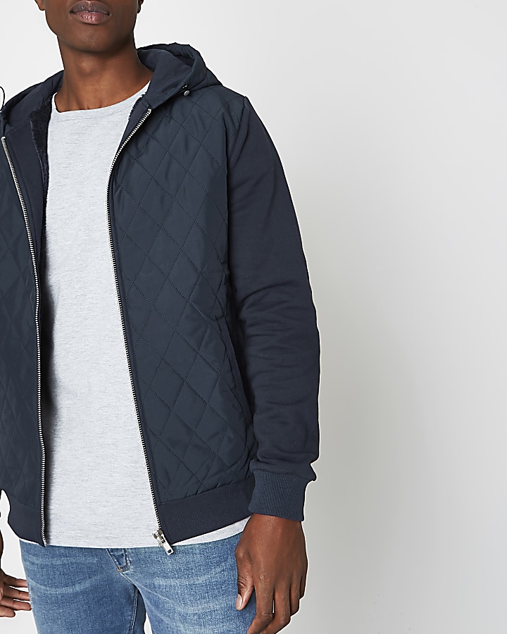 Navy quilted puffer jersey sleeve hoodie