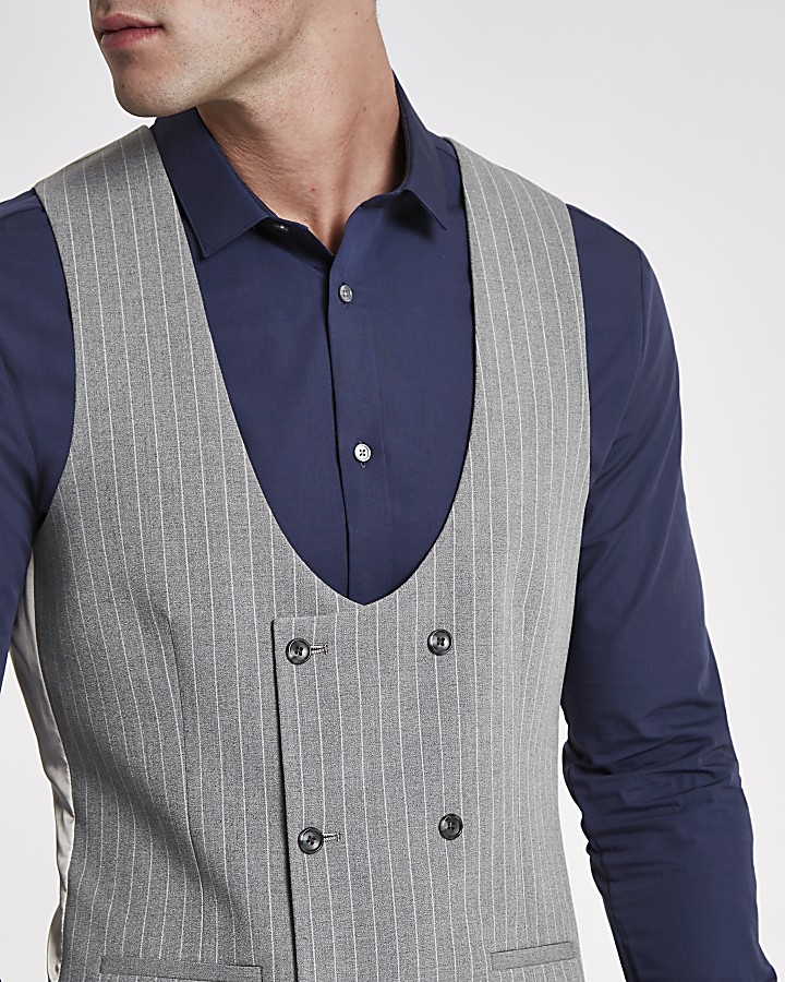 Grey stripe double breasted suit waistcoat