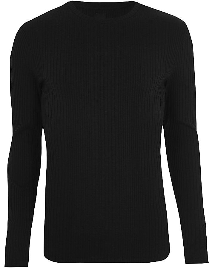 Black ribbed long sleeve knit T-shirt