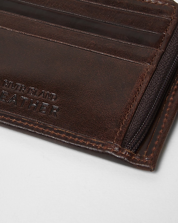 Brown block leather tab fasten wallet