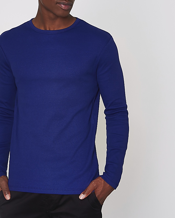 Blue rib slim fit long sleeve T-shirt