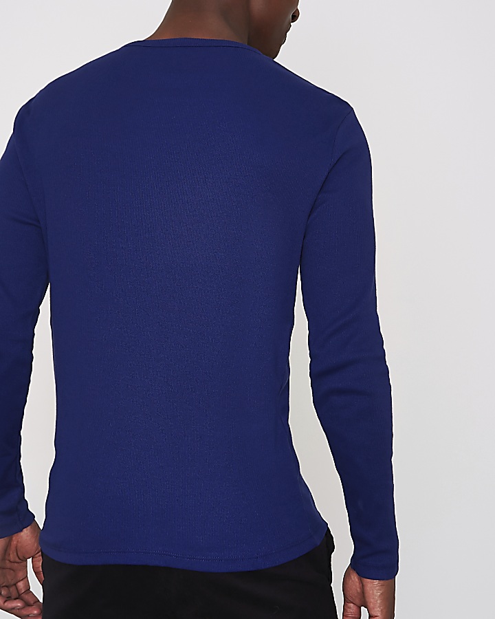 Blue rib slim fit long sleeve T-shirt