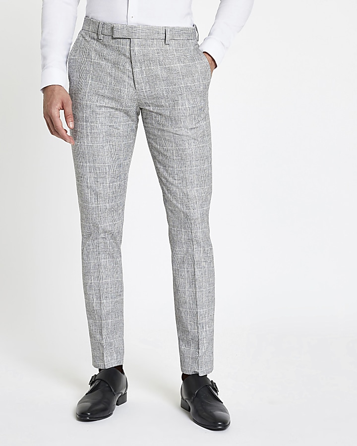 Light grey check skinny fit suit trousers