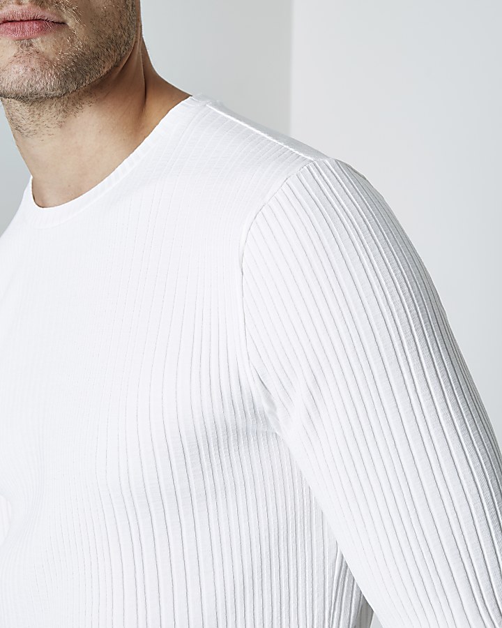 Cream ribbed long sleeve knit T-shirt