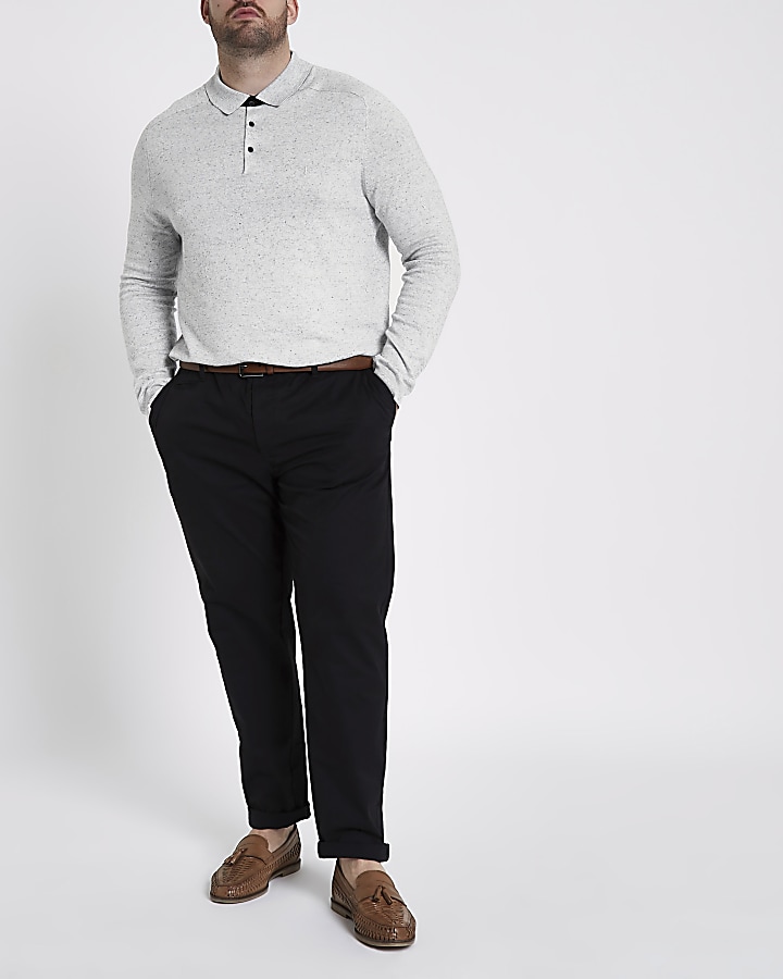 Big and Tall grey long sleeve knit polo shirt