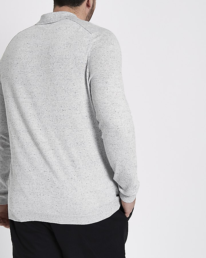 Big and Tall grey long sleeve knit polo shirt