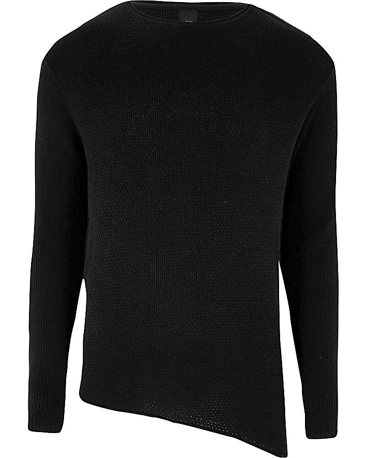Black asymmetric hem muscle fit knit jumper