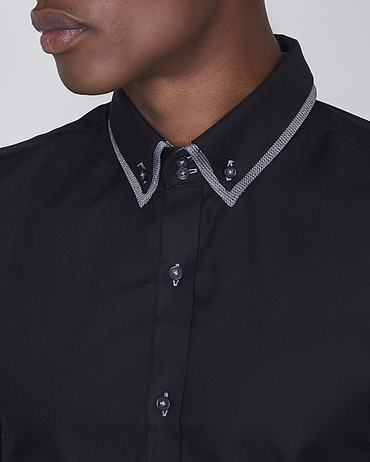 Black double collar slim fit smart shirt