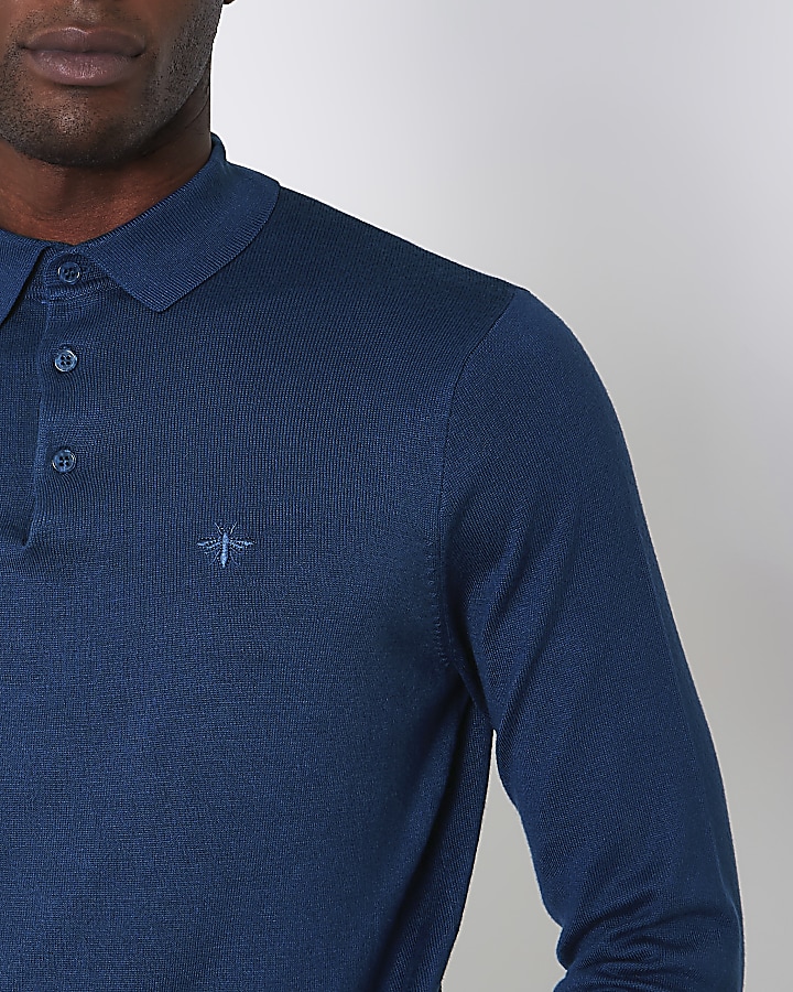 Blue slim fit long sleeve knitted polo shirt