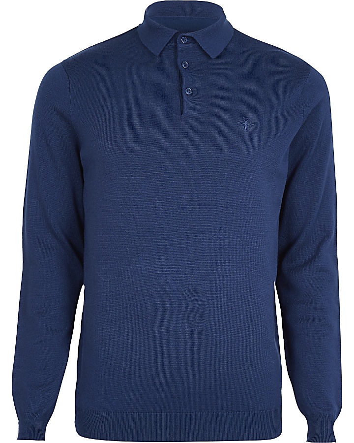 Blue slim fit long sleeve knitted polo shirt