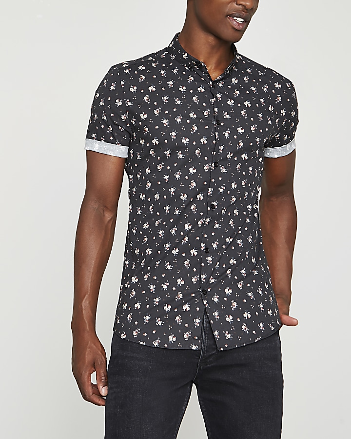 Black ditsy floral print skinny fit shirt
