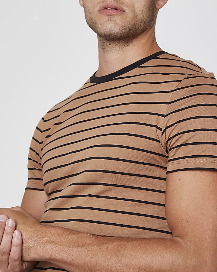 Light brown stripe print muscle fit T-shirt
