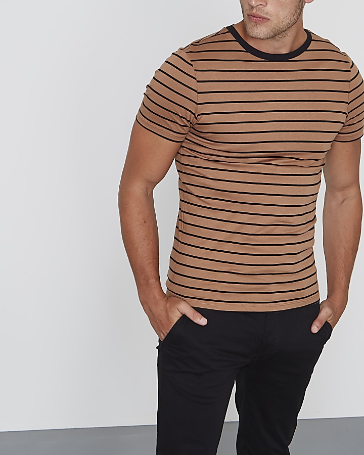 Light brown stripe print muscle fit T-shirt