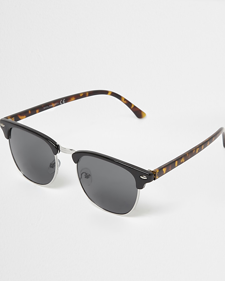 Black half frame retro smoke lens sunglasses