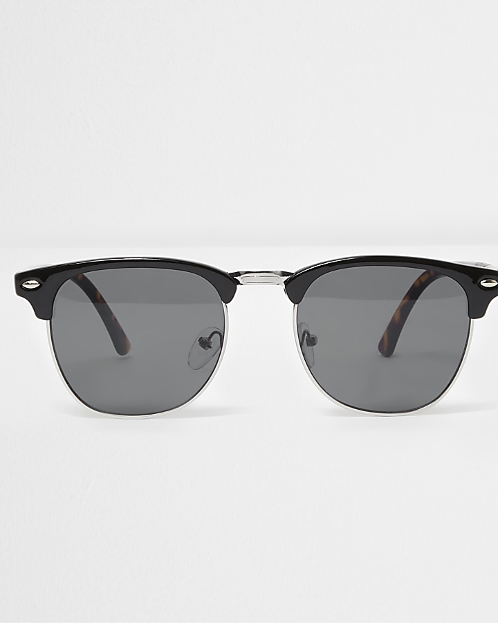 Black half frame retro smoke lens sunglasses