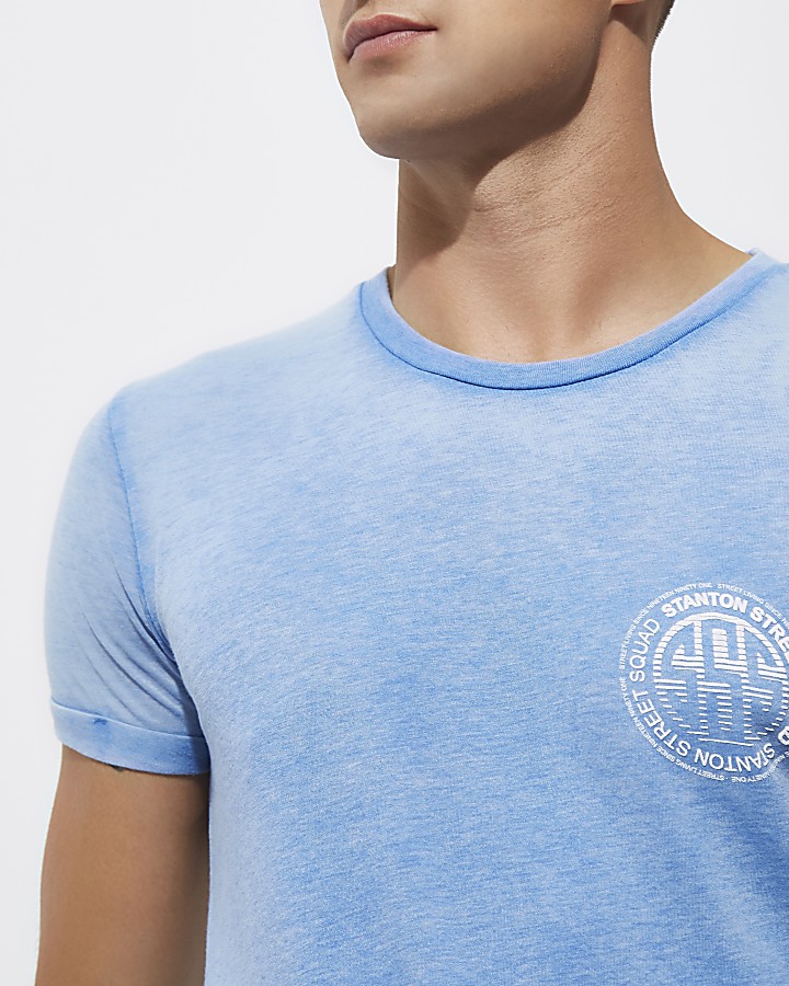 Blue 'Stanton' print crew neck T-shirt