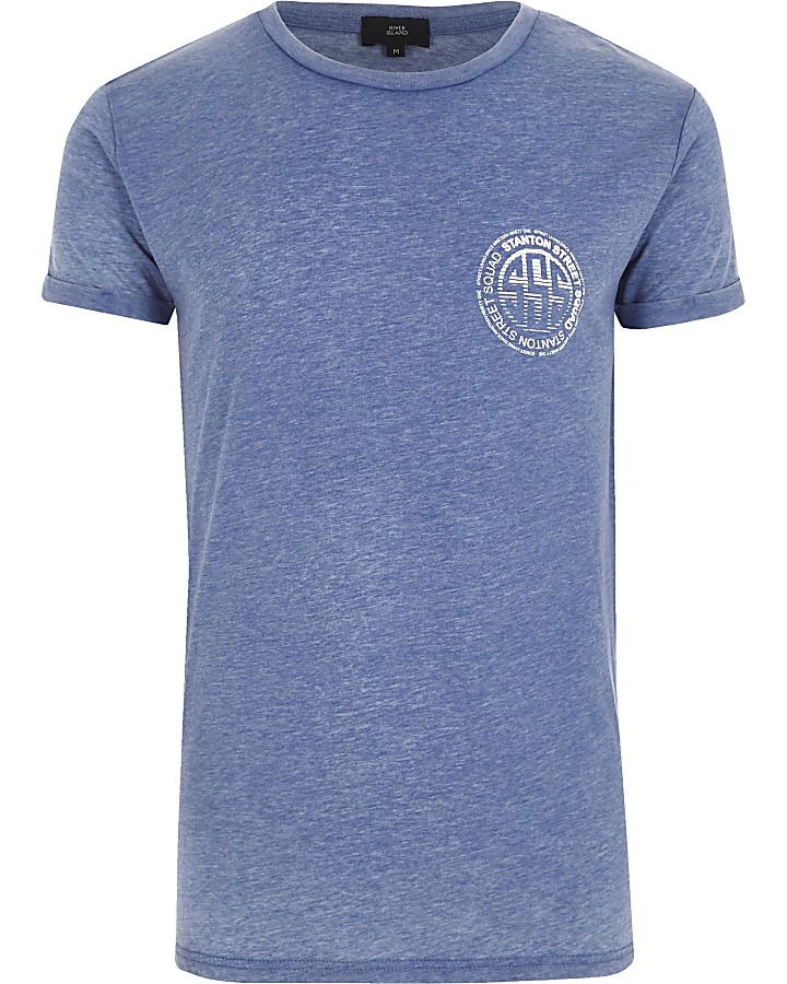 Blue 'Stanton' print crew neck T-shirt