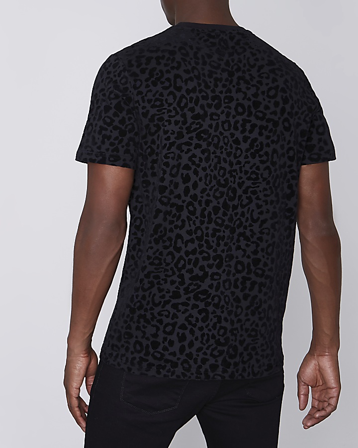 Black leopard flock print slim fit T-shirt