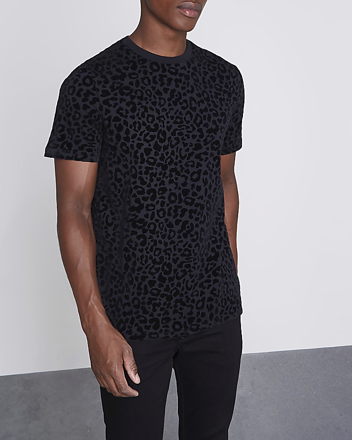 Black leopard flock print slim fit T-shirt