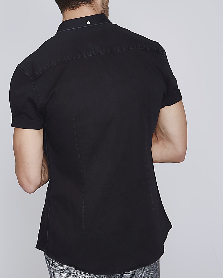 Black denim muscle fit short sleeve shirt