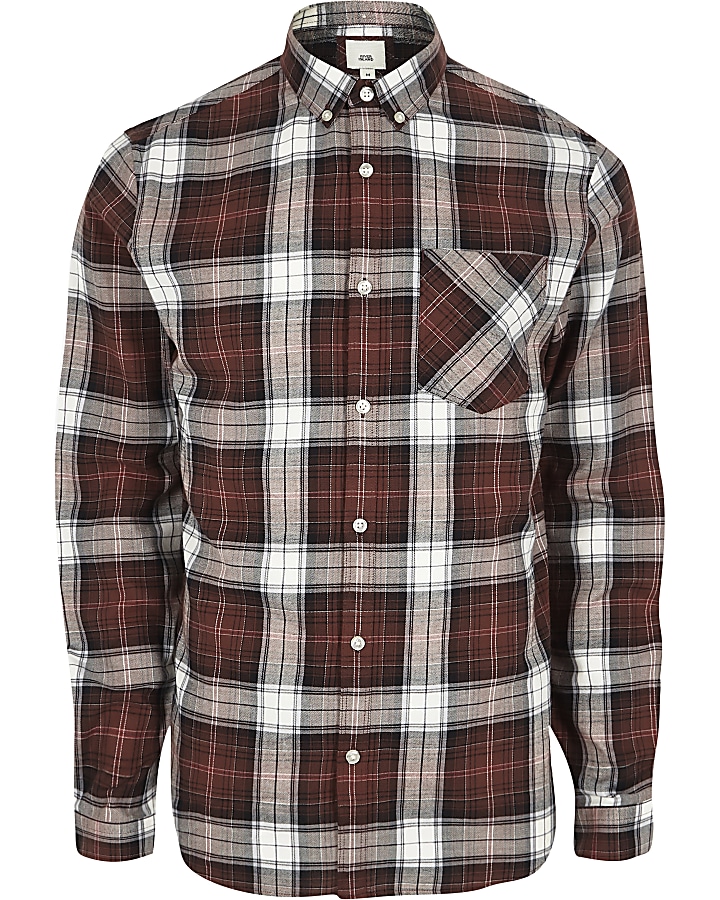 Red button-down long sleeve check shirt