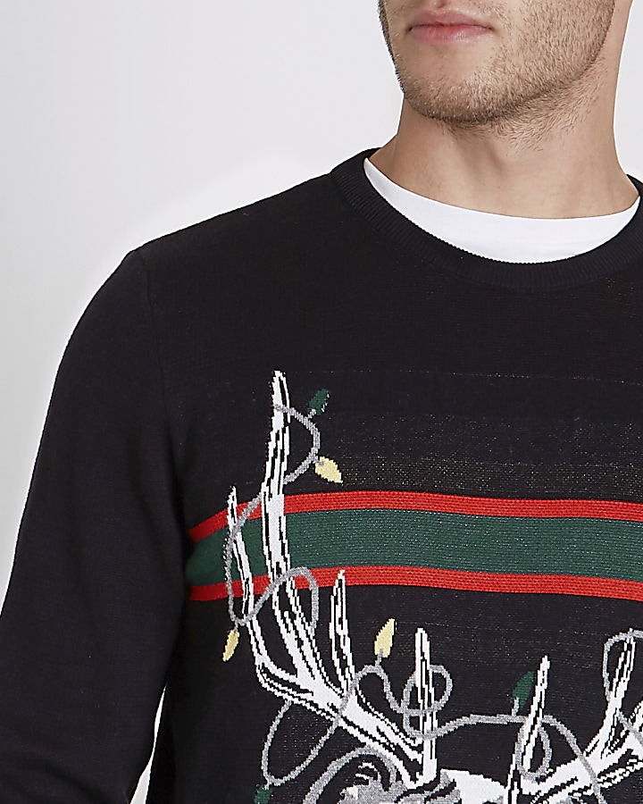 Black reindeer bulldog knit Christmas jumper