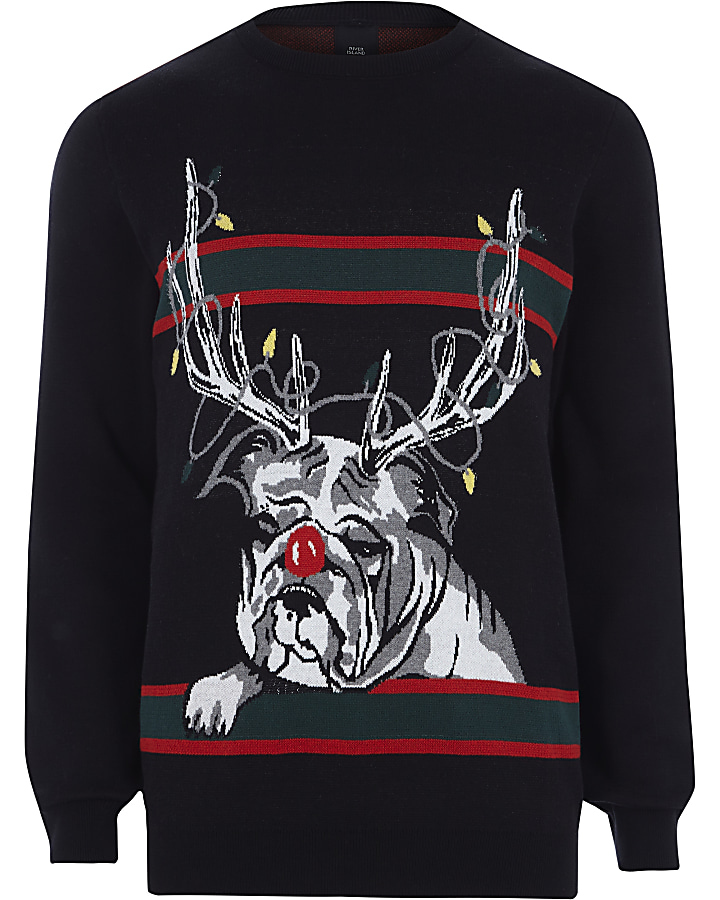 Black reindeer bulldog knit Christmas jumper
