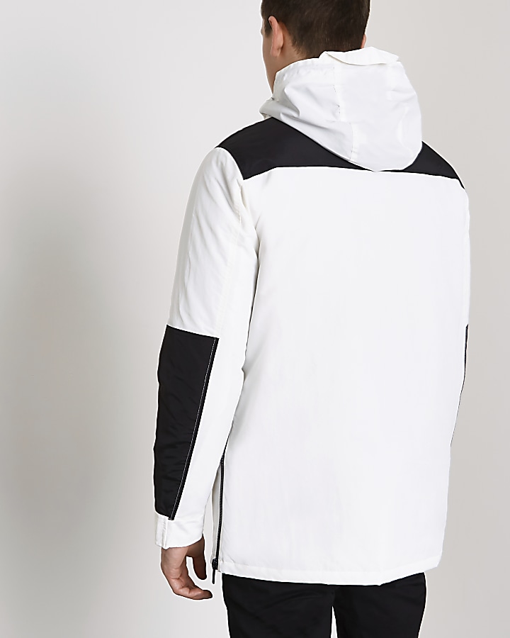 White and black colour block hooded coat