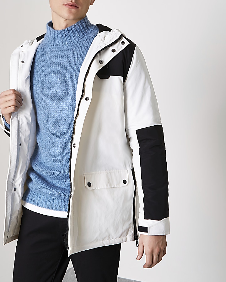 White and black colour block hooded coat