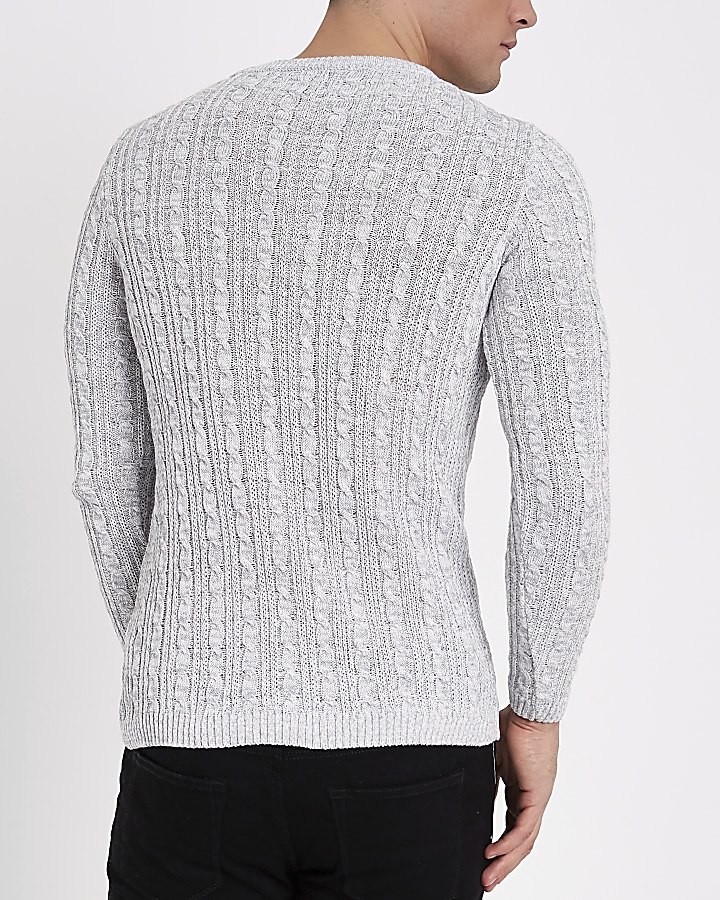Grey muscle fit cable knit jumper