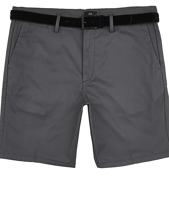 Dark grey slim fit belted chino shorts