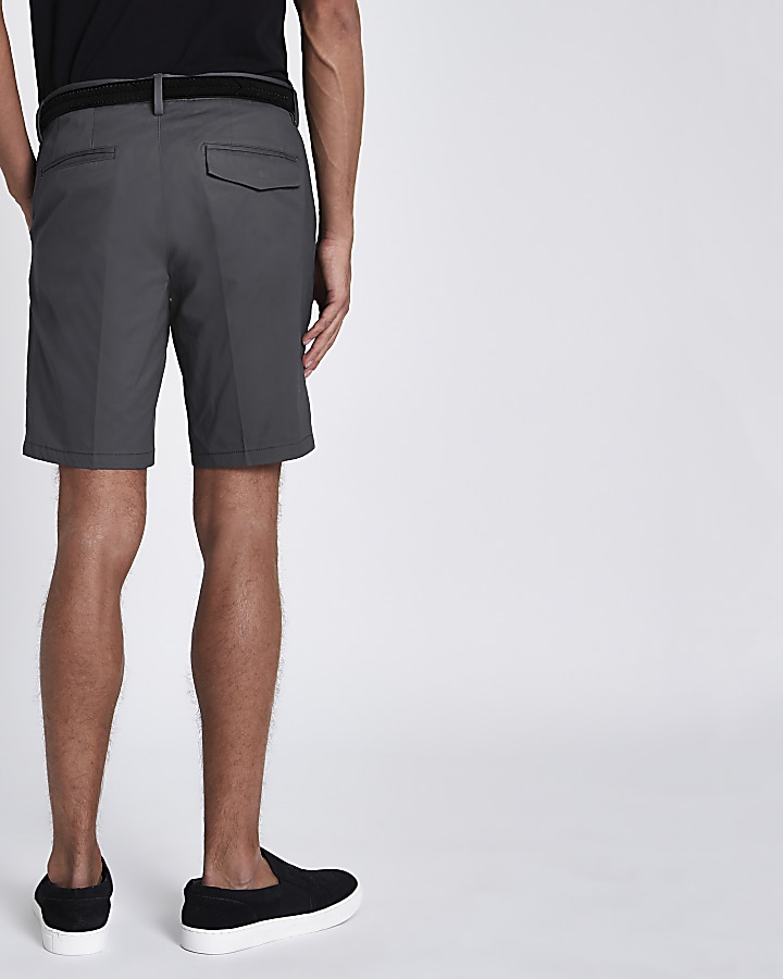 Dark grey slim fit belted chino shorts